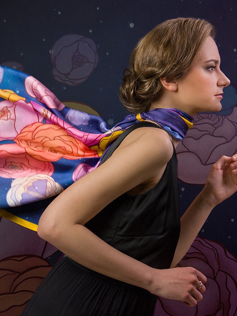 Misheo - Cosmic Garden Silk Scarf - Artist Designed Botanical & Wildlife Scarf